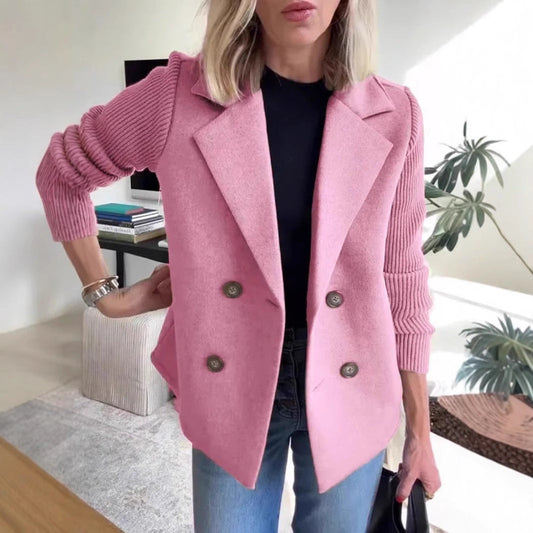 Double Breasted Lapel Jacket Fashion Knitted Sleeves Splicing Design Coat Outerwear - www.Shopthatapp.com