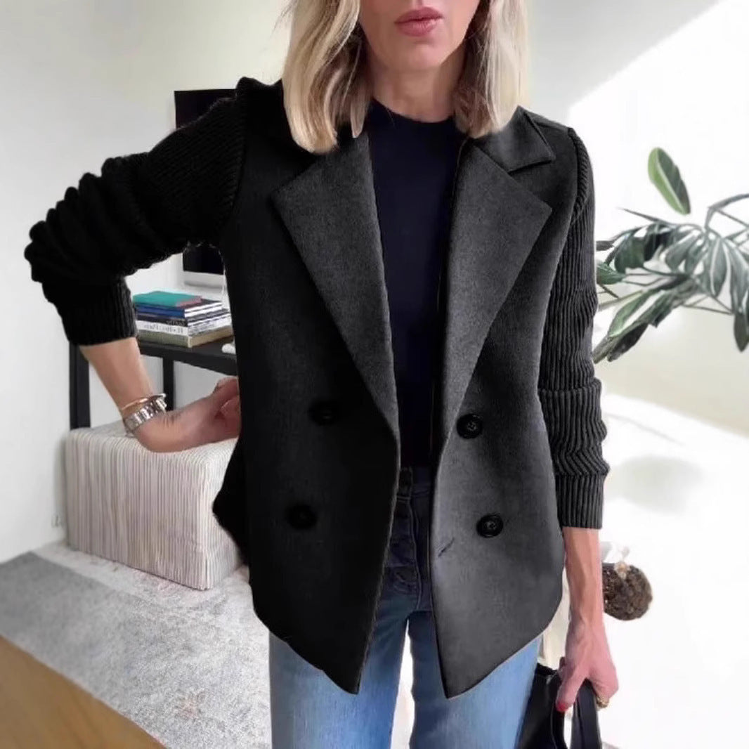Double Breasted Lapel Jacket Fashion Knitted Sleeves Splicing Design Coat Outerwear - www.Shopthatapp.com
