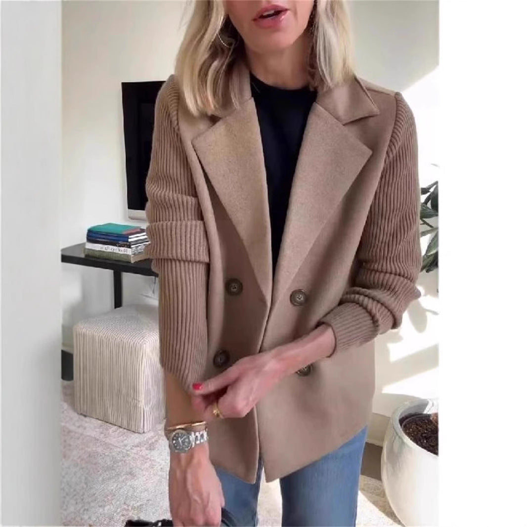 Double Breasted Lapel Jacket Fashion Knitted Sleeves Splicing Design Coat Outerwear - www.Shopthatapp.com