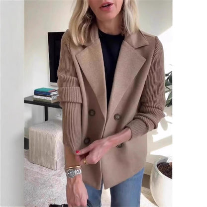 Double Breasted Lapel Jacket Fashion Knitted Sleeves Splicing Design Coat Outerwear - www.Shopthatapp.com