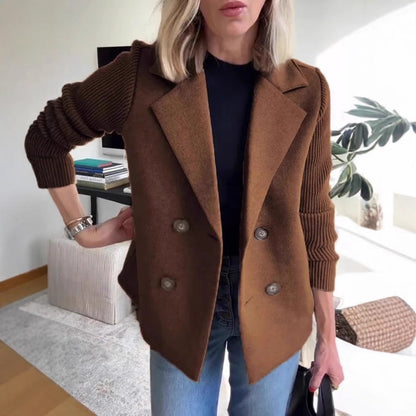 Double Breasted Lapel Jacket Fashion Knitted Sleeves Splicing Design Coat Outerwear - www.Shopthatapp.com