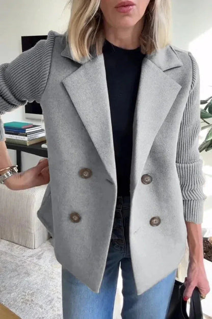 Double Breasted Lapel Jacket Fashion Knitted Sleeves Splicing Design Coat Outerwear - www.Shopthatapp.com