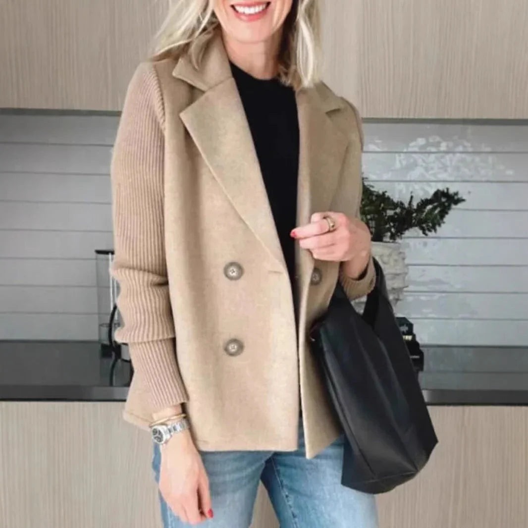 Double Breasted Lapel Jacket Fashion Knitted Sleeves Splicing Design Coat Outerwear - www.Shopthatapp.com