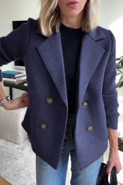 Double Breasted Lapel Jacket Fashion Knitted Sleeves Splicing Design Coat Outerwear - www.Shopthatapp.com
