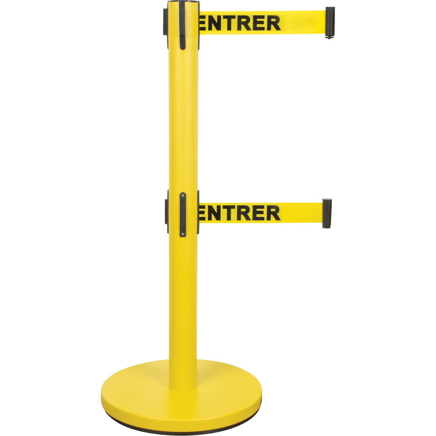 Dual Belt Crowd Control Barrier, Steel, 35" H, Yellow Tape, 7' Tape Length - www.Shopthatapp.com #