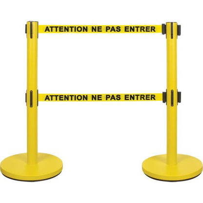 Dual Belt Crowd Control Barrier, Steel, 35" H, Yellow Tape, 7' Tape Length - www.Shopthatapp.com #