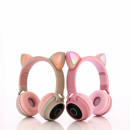 Écouteurs sans fil Bluetooth 5.0 à oreilles de chat, stéréo, basses, lumières LED, pour adultes - Gris/Bleu foncé