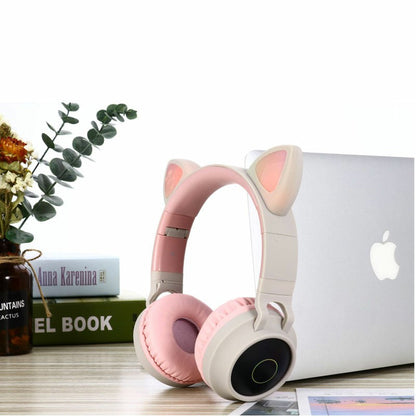 Écouteurs sans fil Bluetooth 5.0 à oreilles de chat, stéréo, basses, lumières LED, pour adultes - Gris/Bleu foncé