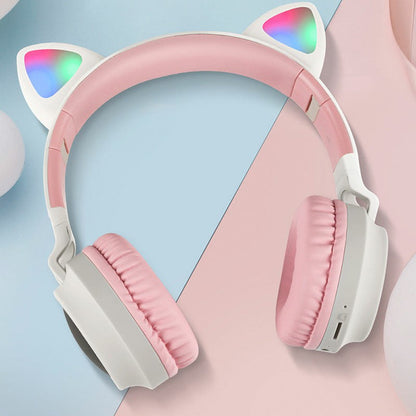 Écouteurs sans fil Bluetooth 5.0 à oreilles de chat, stéréo, basses, lumières LED, pour adultes - Gris/Bleu foncé