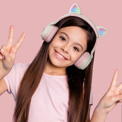 Écouteurs sans fil Bluetooth 5.0 à oreilles de chat, stéréo, basses, lumières LED, pour adultes - Gris/Bleu foncé