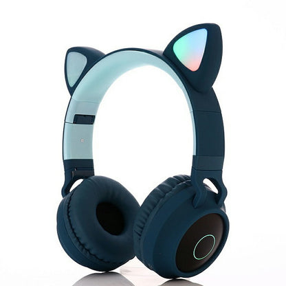 Écouteurs sans fil Bluetooth 5.0 à oreilles de chat, stéréo, basses, lumières LED, pour adultes - Gris/Bleu foncé
