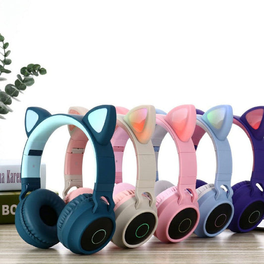 Écouteurs sans fil Bluetooth 5.0 à oreilles de chat, stéréo, basses, lumières LED, pour adultes - Gris/Bleu foncé