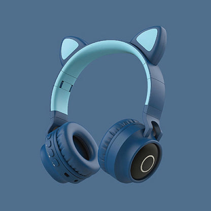 Écouteurs sans fil Bluetooth 5.0 à oreilles de chat, stéréo, basses, lumières LED, pour adultes - Gris/Bleu foncé