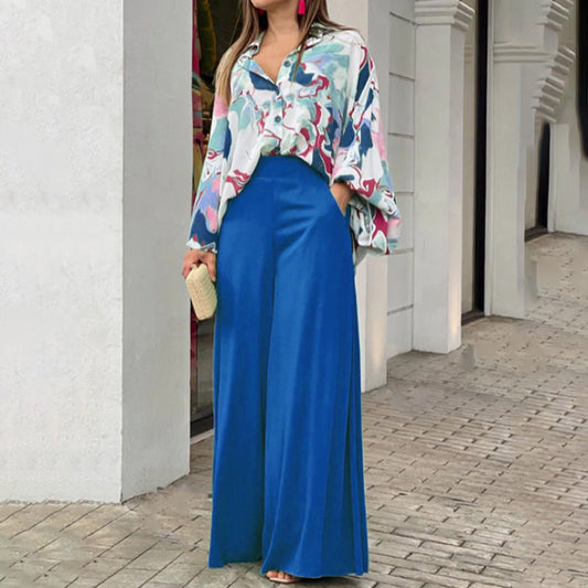 Elegant Printed Shirt Top Wide Leg Pants Fashion Matching Outfit set 2pcs - www.Shopthatapp.com