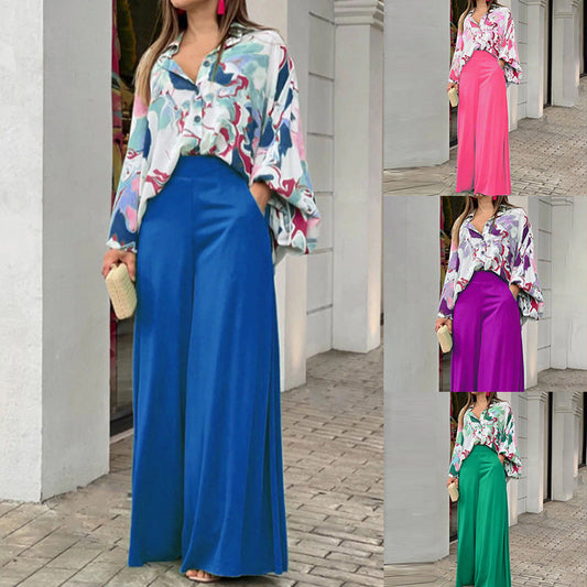 Elegant Printed Shirt Top Wide Leg Pants Fashion Matching Outfit set 2pcs - www.Shopthatapp.com