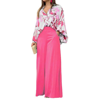 Elegant Printed Shirt Top Wide Leg Pants Fashion Matching Outfit set 2pcs - www.Shopthatapp.com