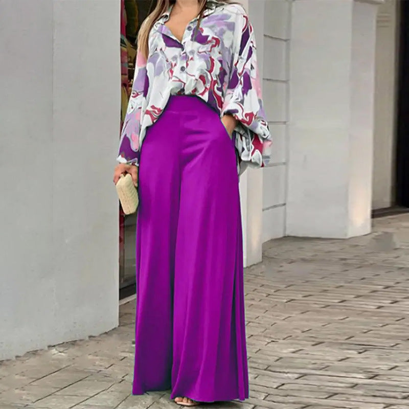 Elegant Printed Shirt Top Wide Leg Pants Fashion Matching Outfit set 2pcs - www.Shopthatapp.com