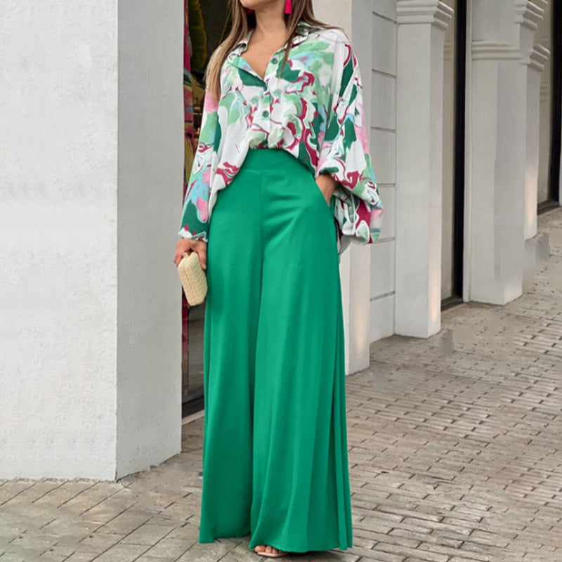 Elegant Printed Shirt Top Wide Leg Pants Fashion Matching Outfit set 2pcs - www.Shopthatapp.com