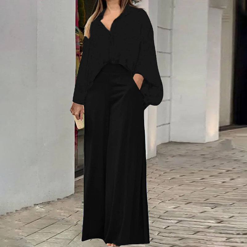 Elegant Printed Shirt Top Wide Leg Pants Fashion Matching Outfit set 2pcs - www.Shopthatapp.com