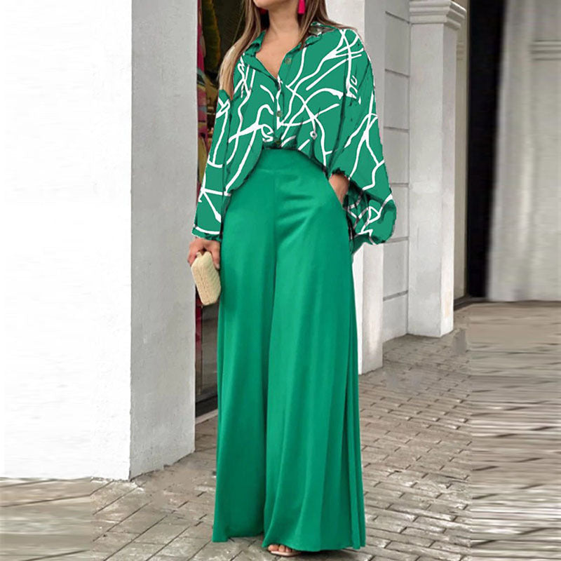 Elegant Printed Shirt Top Wide Leg Pants Fashion Matching Outfit set 2pcs - www.Shopthatapp.com
