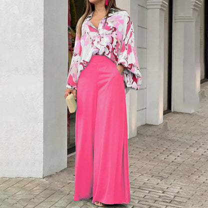 Elegant Printed Shirt Top Wide Leg Pants Fashion Matching Outfit set 2pcs - www.Shopthatapp.com
