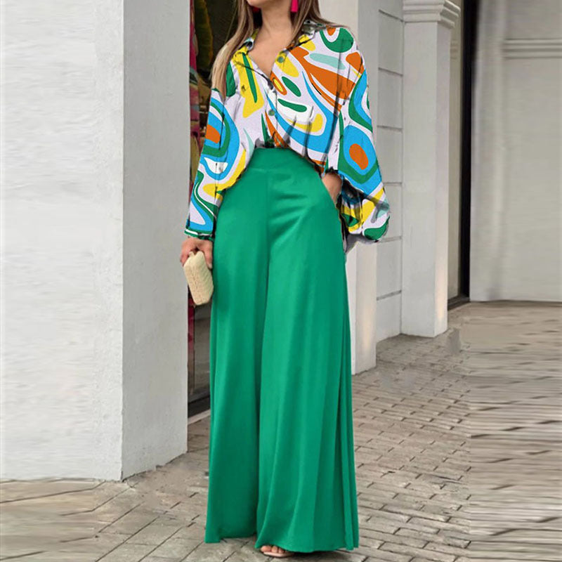 Elegant Printed Shirt Top Wide Leg Pants Fashion Matching Outfit set 2pcs - www.Shopthatapp.com