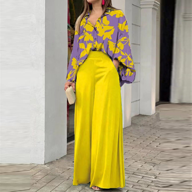 Elegant Printed Shirt Top Wide Leg Pants Fashion Matching Outfit set 2pcs - www.Shopthatapp.com