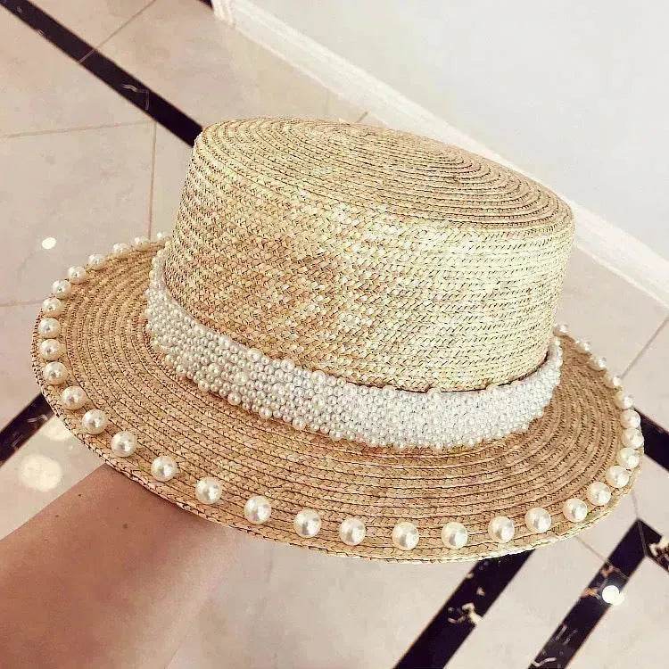 Elegant Retro Pearl Wheat Straw Flat Top Straw Hat Women's Summer Sun Protection Beach Hat Hepburn Style - www.Shopthatapp.com #