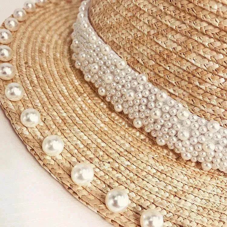 Elegant Retro Pearl Wheat Straw Flat Top Straw Hat Women's Summer Sun Protection Beach Hat Hepburn Style - www.Shopthatapp.com #