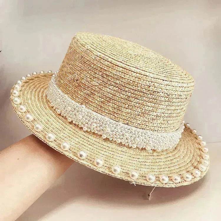 Elegant Retro Pearl Wheat Straw Flat Top Straw Hat Women's Summer Sun Protection Beach Hat Hepburn Style - www.Shopthatapp.com #