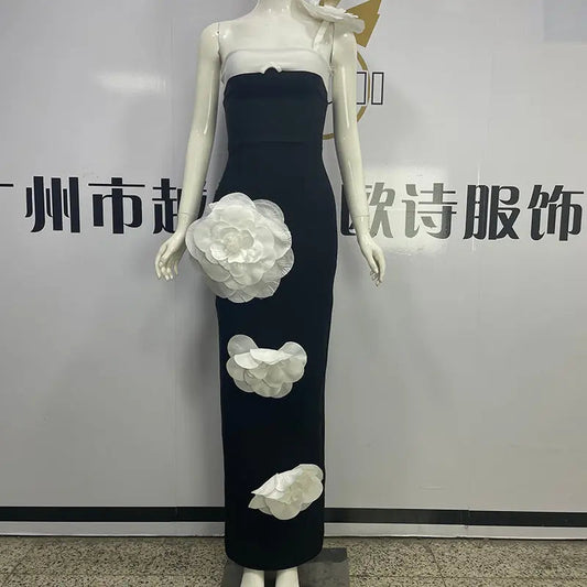 Embroidered Flower Black Long Tube Top Dress Wedding Evening Party Cocktail Dress - www.Shopthatapp.com
