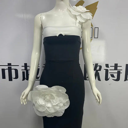 Embroidered Flower Black Long Tube Top Dress Wedding Evening Party Cocktail Dress - www.Shopthatapp.com