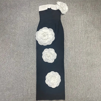 Embroidered Flower Black Long Tube Top Dress Wedding Evening Party Cocktail Dress - www.Shopthatapp.com