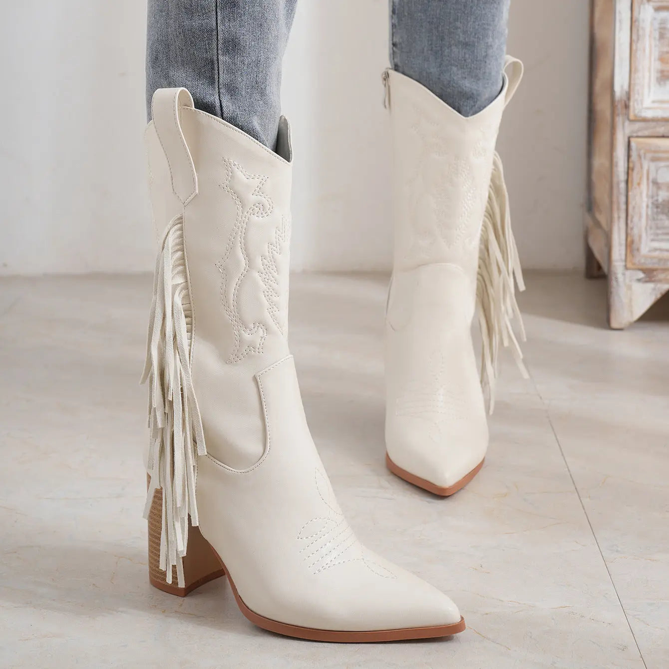 Embroidered Tassel White New Western Cowboy Boot - www.Shopthatapp.com