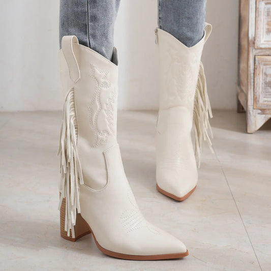 Embroidered Tassel White New Western Cowboy Boot - www.Shopthatapp.com