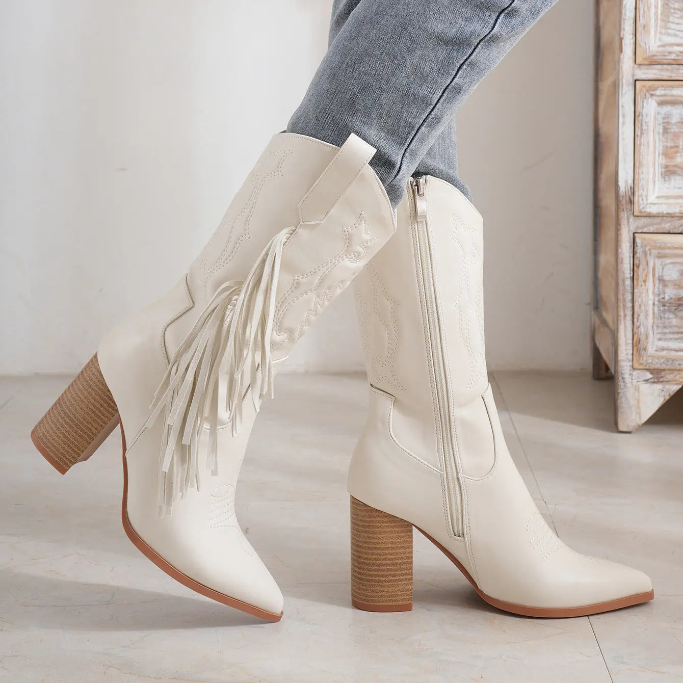 Embroidered Tassel White New Western Cowboy Boot - www.Shopthatapp.com