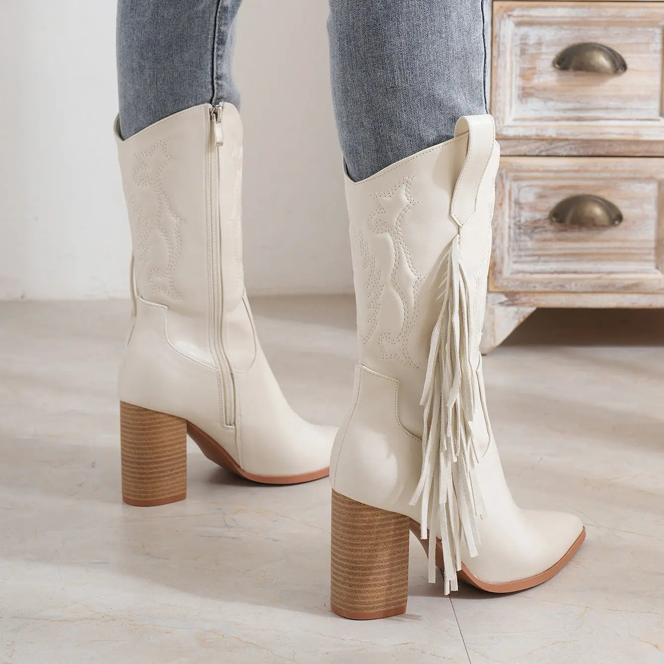 Embroidered Tassel White New Western Cowboy Boot - www.Shopthatapp.com