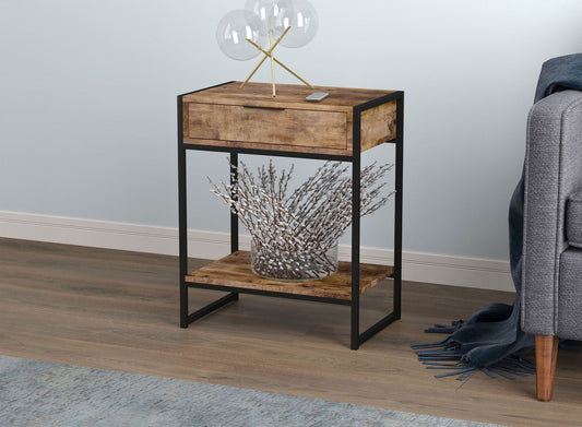 End Accent Table Brown Reclaimed Wood 1 Drawer 1 Shelf Black Metal-Furniture-www.Shopthatapp.com-DecoElegance