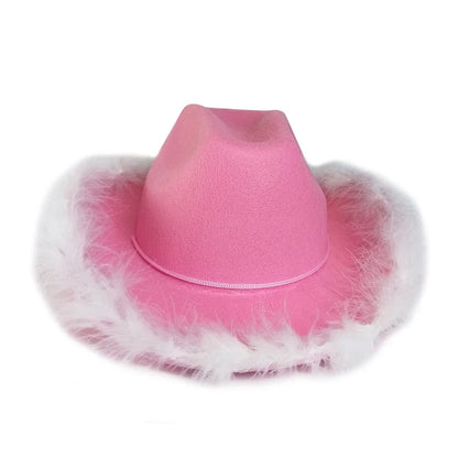 Fashion Pink Cowgirl Hat Feather Brim Cowboy Hat Western Cowboy Hat for Bachelorette Party Carnival Cosplay - www.Shopthatapp.com #