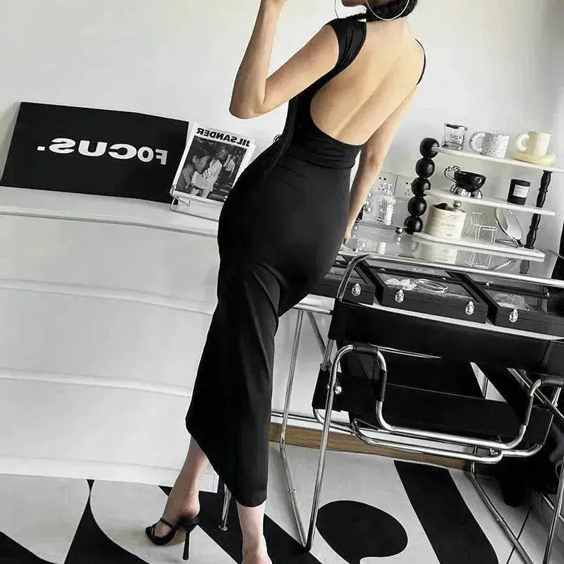 Fashion Slim-Fit Dress with High Waist, Hollow Detail, and Backless Design