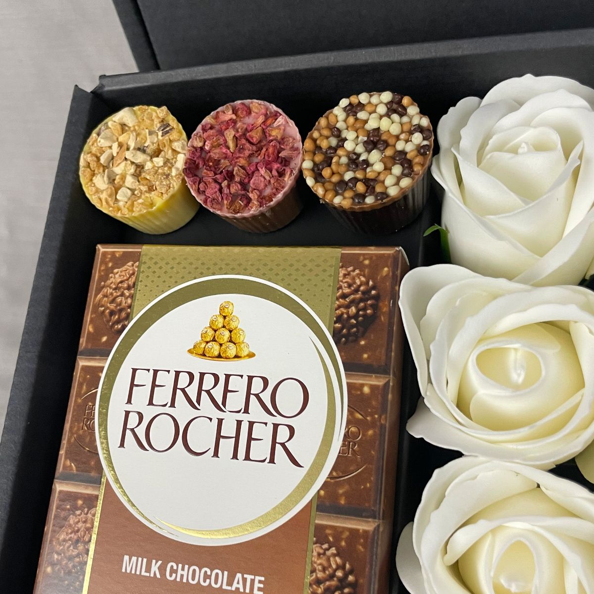 Ferrero Rocher Ultimate Gift Hamper With Ivory Roses-Food and beverage-www.Shopthatapp.com-HamperWell