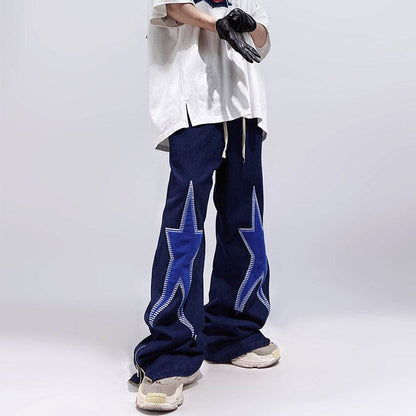 Five-pointed Star Embroidery Denim Horn Loose Straight Casual All-match Mop Jeans Baggy Trousers Men - www.Shopthatapp.com #