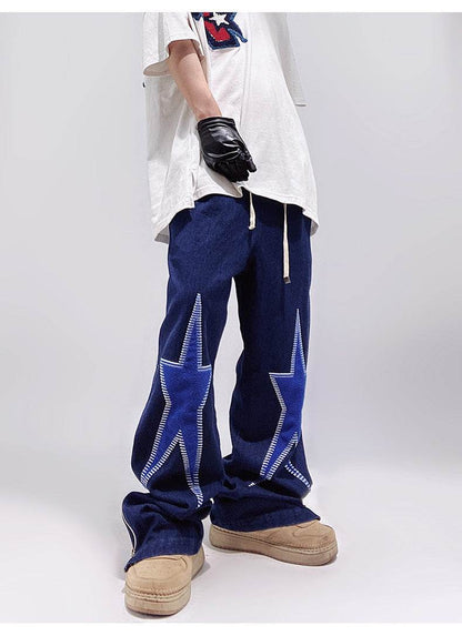 Five-pointed Star Embroidery Denim Horn Loose Straight Casual All-match Mop Jeans Baggy Trousers Men - www.Shopthatapp.com #