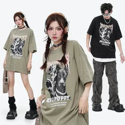 Flame Letter Print Heavy T-shirt Round Neck Loose Casual Short Sleeve - www.Shopthatapp.com #