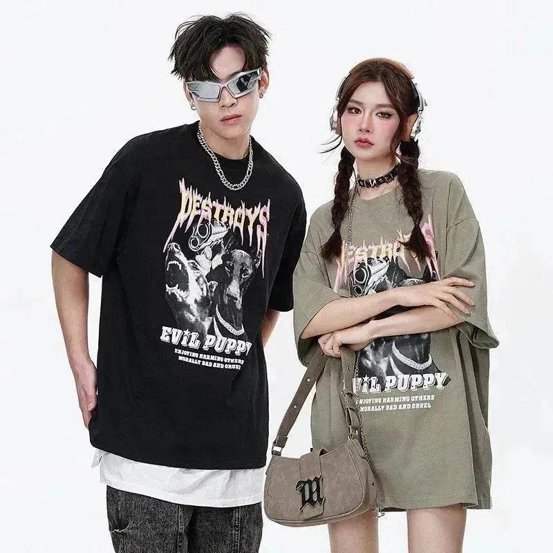 Flame Letter Print Heavy T-shirt Round Neck Loose Casual Short Sleeve - www.Shopthatapp.com #