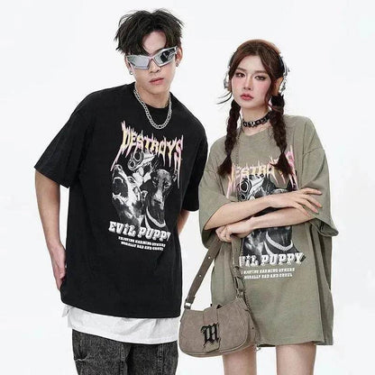 Flame Letter Print Heavy T-shirt Round Neck Loose Casual Short Sleeve - www.Shopthatapp.com #