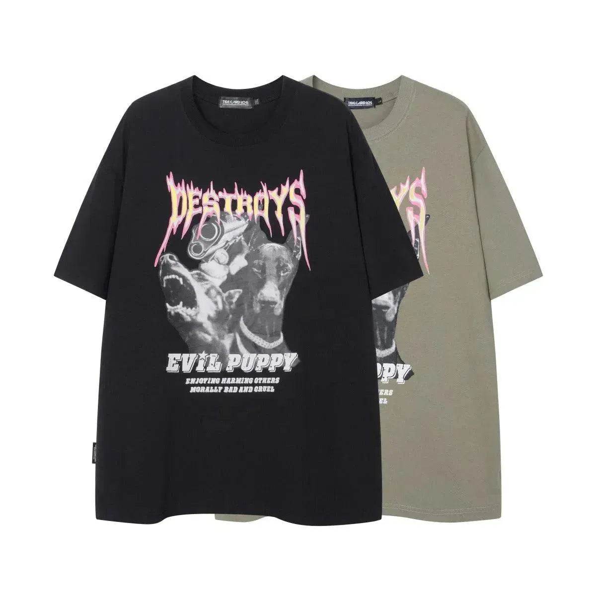 Flame Letter Print Heavy T-shirt Round Neck Loose Casual Short Sleeve - www.Shopthatapp.com #