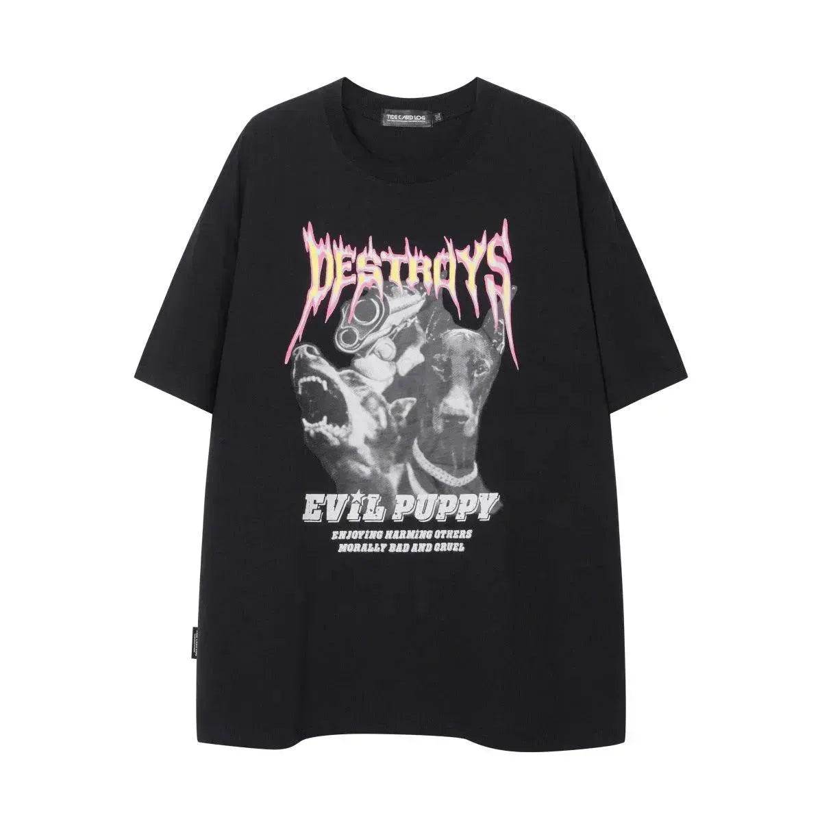 Flame Letter Print Heavy T-shirt Round Neck Loose Casual Short Sleeve - www.Shopthatapp.com #