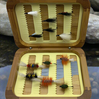 Fly Fishing Kit, Atlantic Salmon Flies, Mixed Wet Flies and Bugs & Bombers, with Bamboo Flybox - www.Shopthatapp.com #