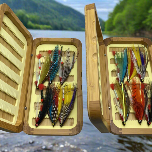 Fly Fishing Kit, Tandem Trolling Streamer, Landlocked Salmon, Bamboo Flybox - www.Shopthatapp.com #